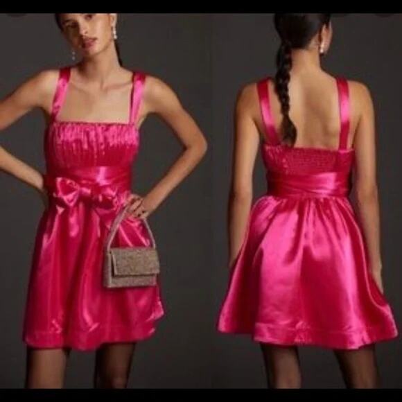 NWT Anthropologie Maeve Hot Pink Satin Bow Pleated Mini Dress Women's 2 - Picture 1 of 14